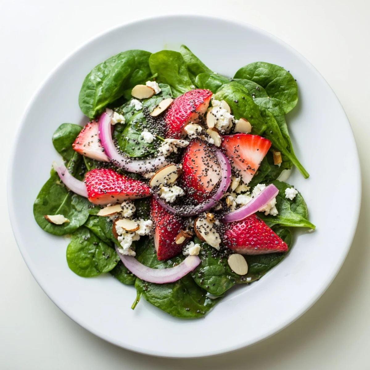 Delicious homemade strawberry spinach salad with poppy seed dressing, featuring sliced strawberries, red onion, and creamy feta on a bed of tender greens.