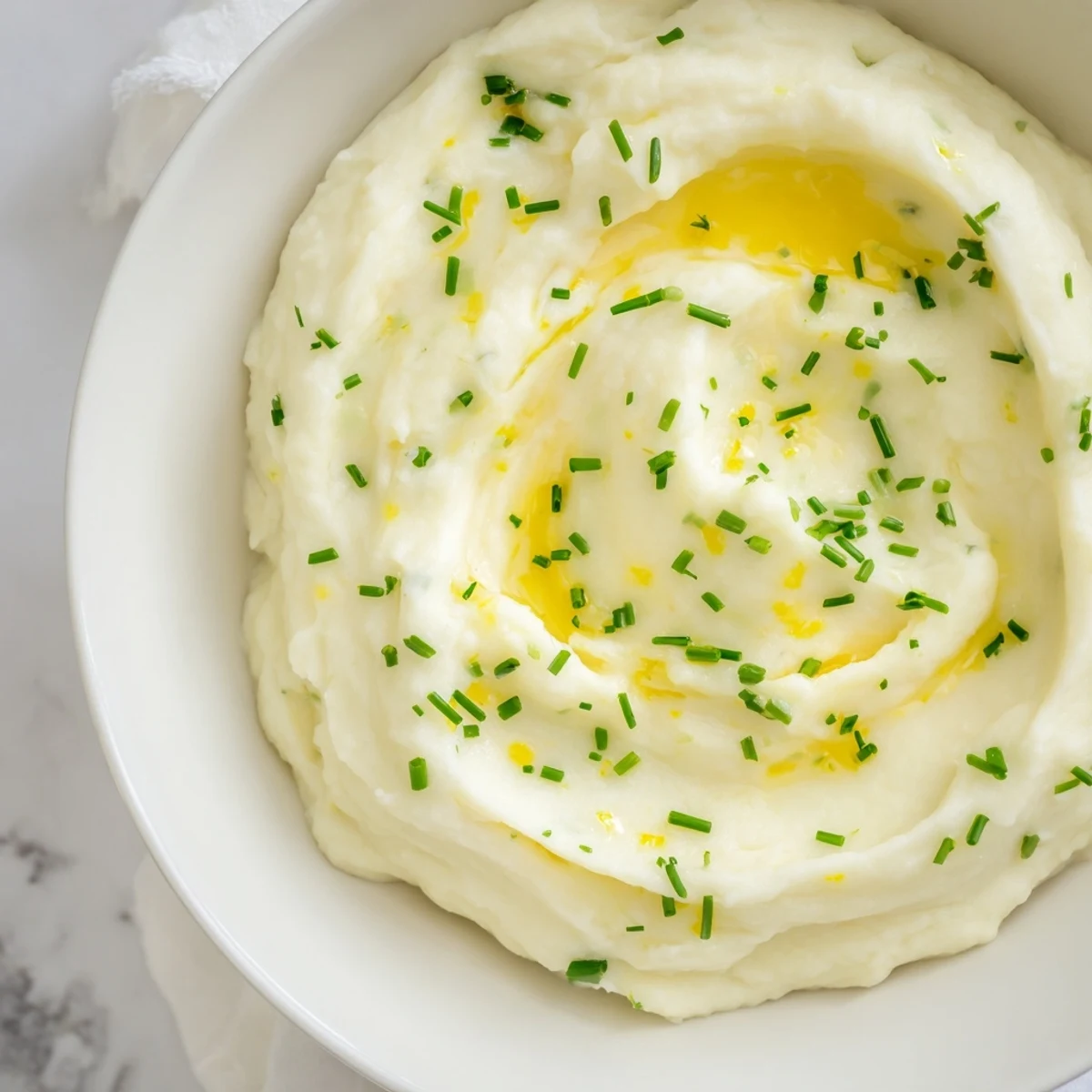 Roasted Garlic Mashed Cauliflower served warm in a rustic bowl, garnished with fresh chives, offering a creamy, low-carb alternative to potatoes.  