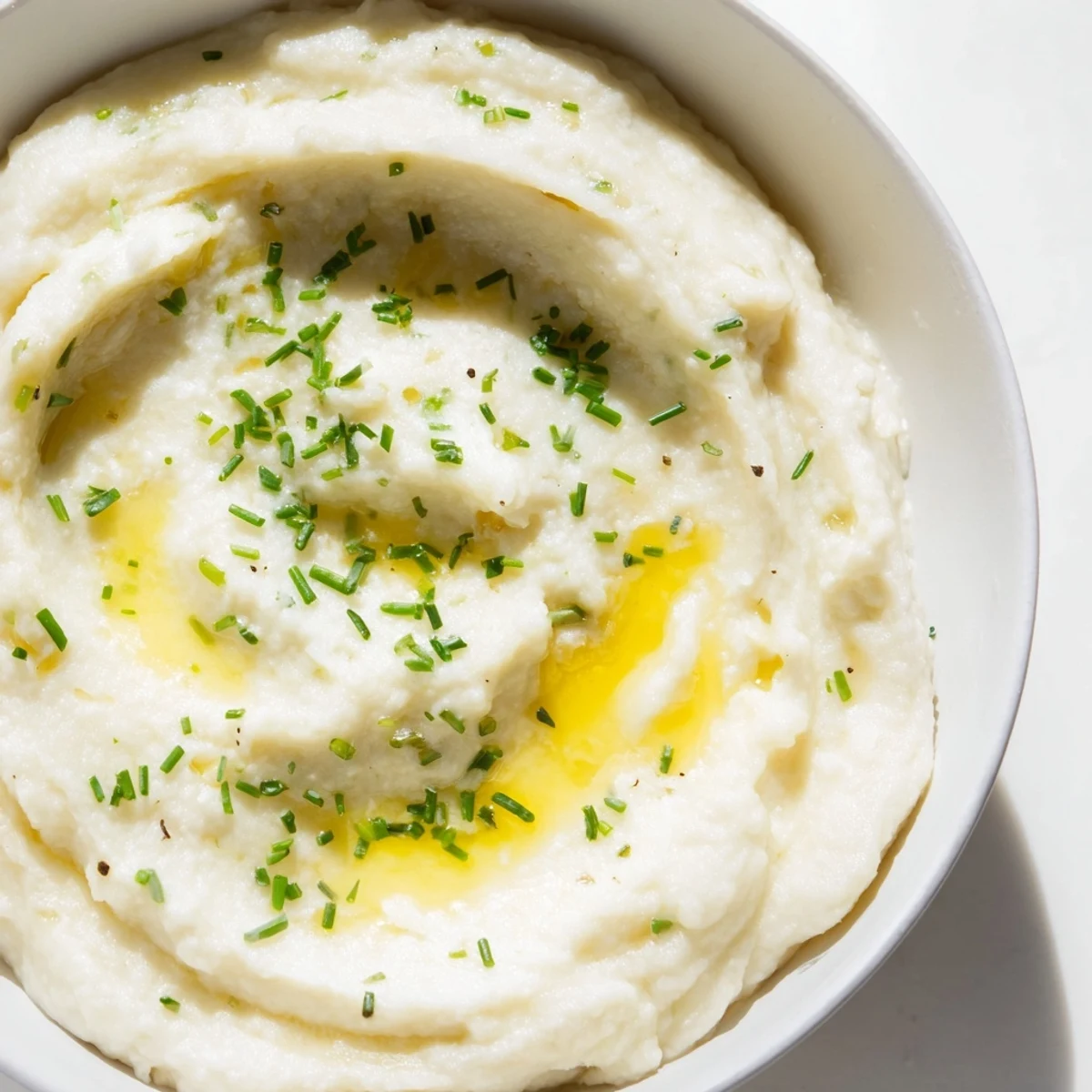 Golden, creamy Roasted Garlic Mashed Cauliflower in a serving dish, topped with parsley, perfect alongside grilled chicken or steak.
