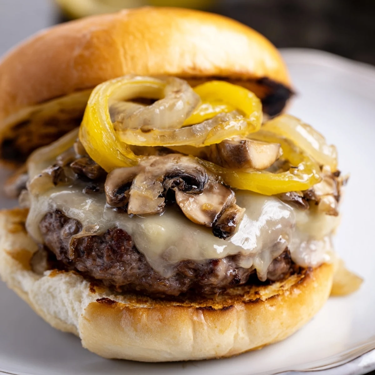 This beef burger features sweet onions, earthy mushrooms, and melted cheese, served with lettuce and tomato.
