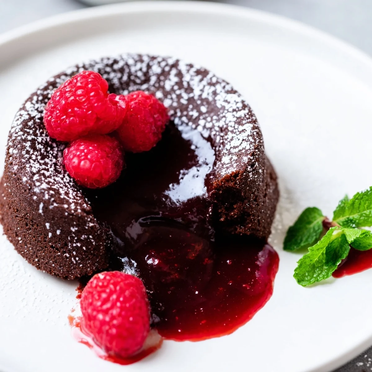 Steaming chocolate lava cakes with raspberry coulis, garnished with fresh berries and mint on elegant dessert plates.  