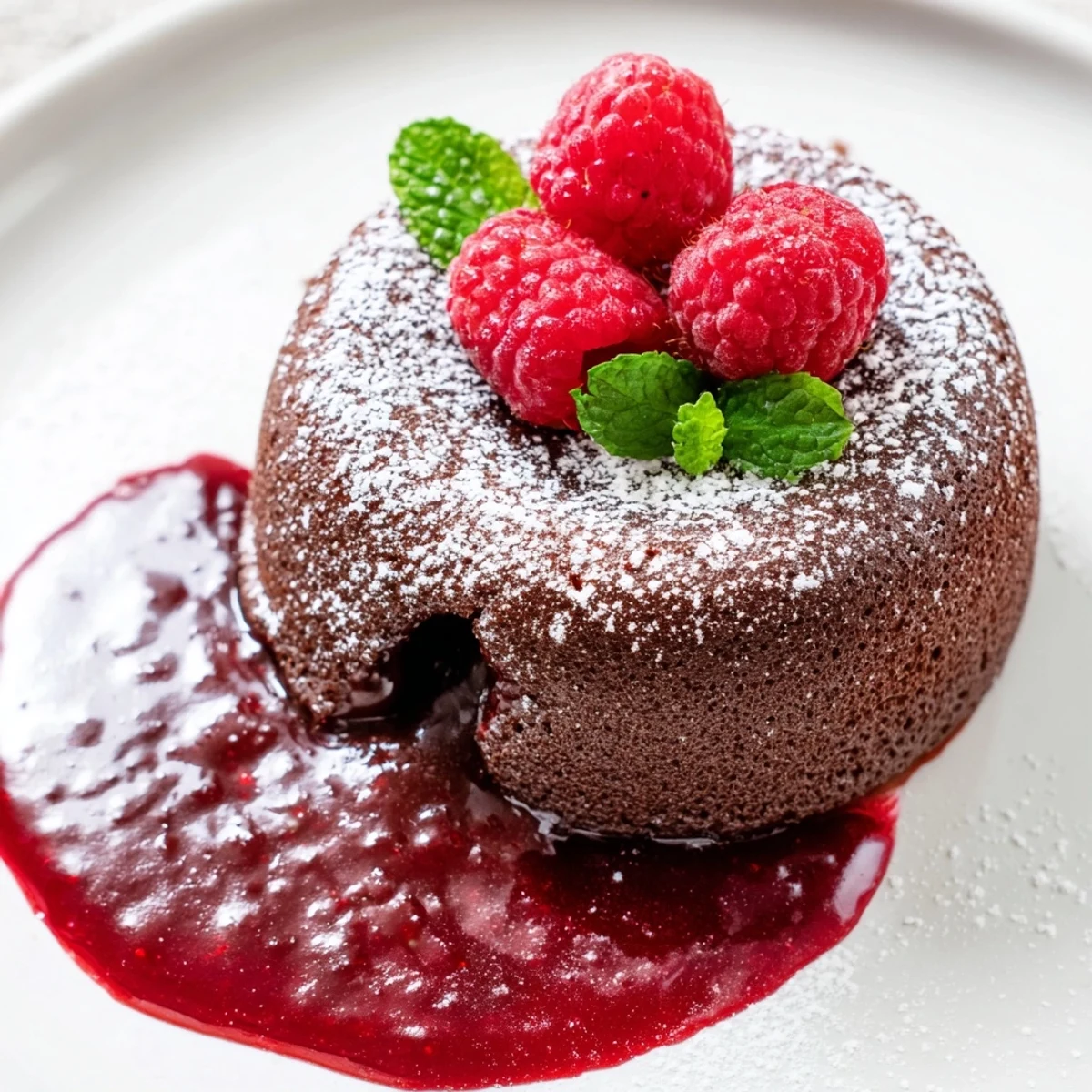 Moist, individual chocolate lava cakes served with vibrant raspberry coulis and a light dusting of powdered sugar.