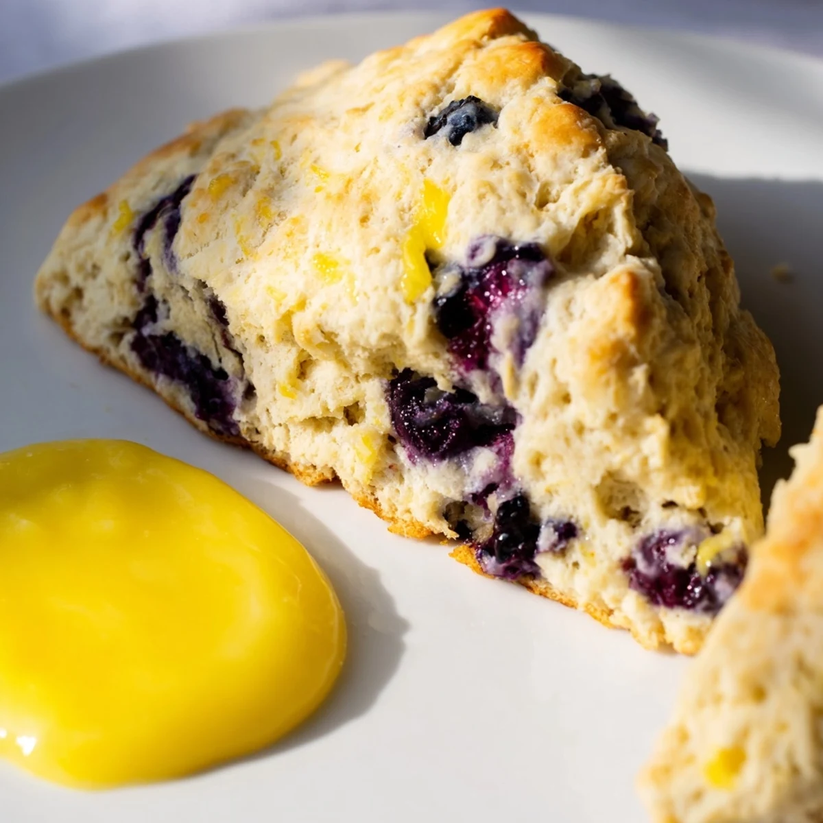 Freshly baked Lemon Blueberry Scones with Lemon Curd, golden brown and studded with plump blueberries, served on a rustic wooden board.