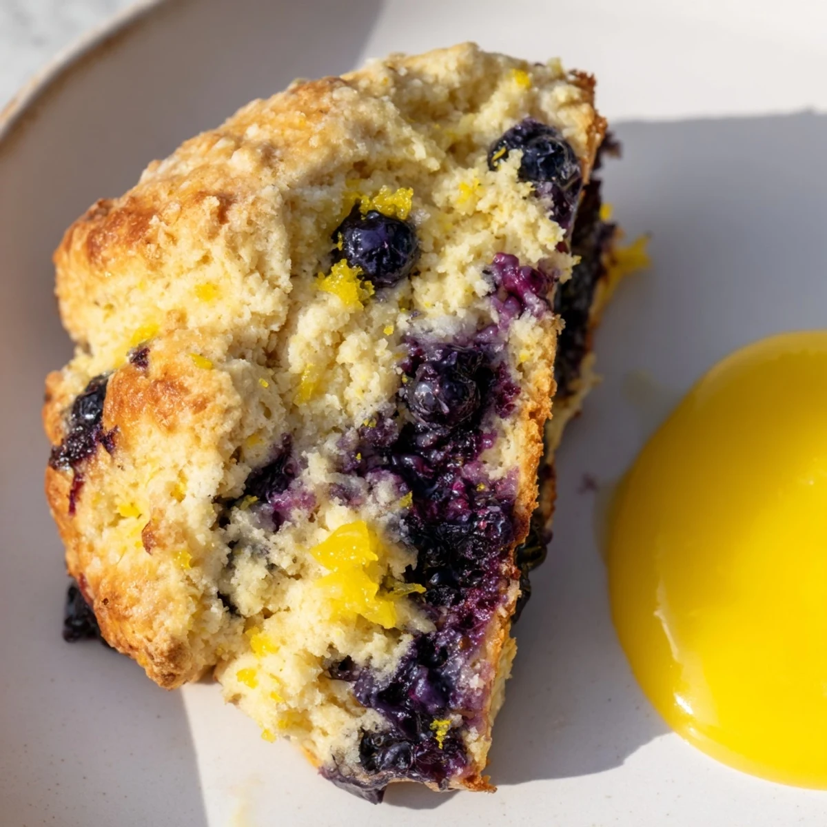 Lemon Blueberry Scones with Lemon Curd drizzled with tangy sauce, showcasing tender, flaky layers perfect for a cozy breakfast or brunch.