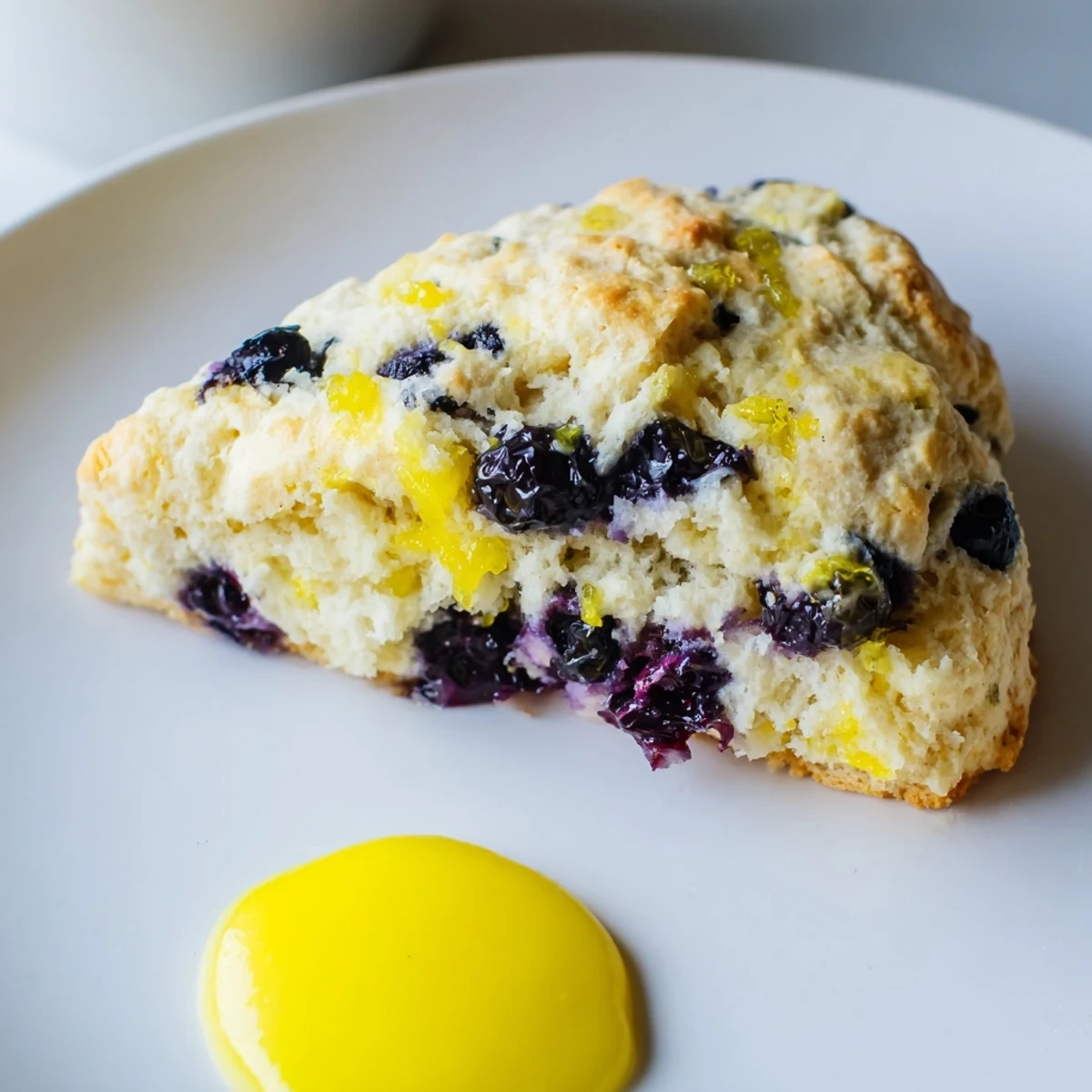 Warm Lemon Blueberry Scones with Lemon Curd, sliced to reveal juicy berries and bright zest, paired with a dollop of creamy curd.