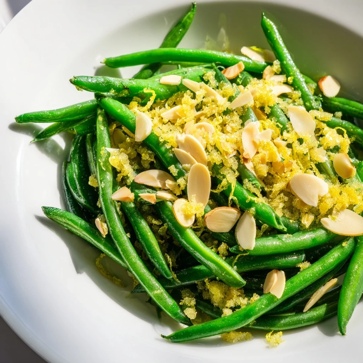 Fresh green beans topped with golden toasted almonds and lemon zest, a crisp side dish ready to serve.