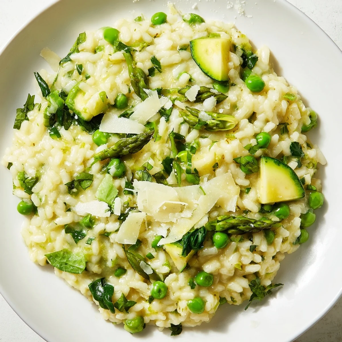 Creamy Spring Vegetable Risotto with lemon zest and vibrant green asparagus, peas, and spinach garnished with fresh herbs.