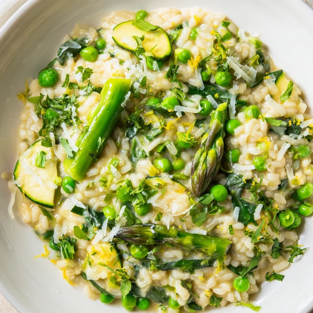 Serving suggestion for Spring Vegetable Risotto: a warm bowl topped with extra Parmesan and herbs beside a glass of white wine.