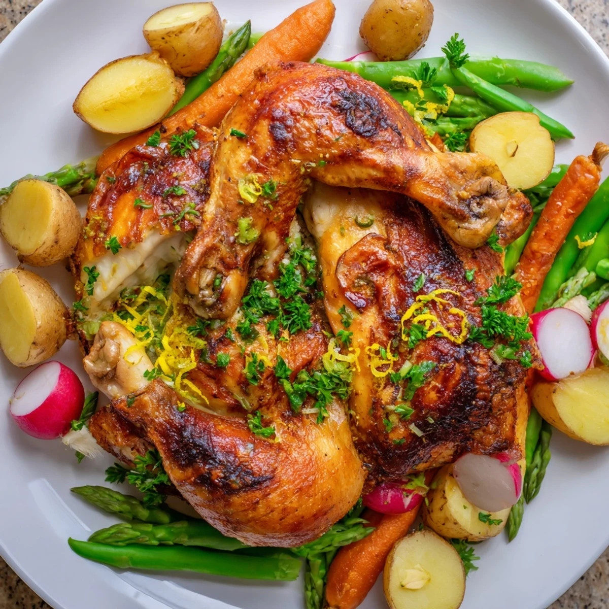 Juicy roasted chicken with spring vegetables sits on a platter, garnished with fresh parsley and lemon zest.