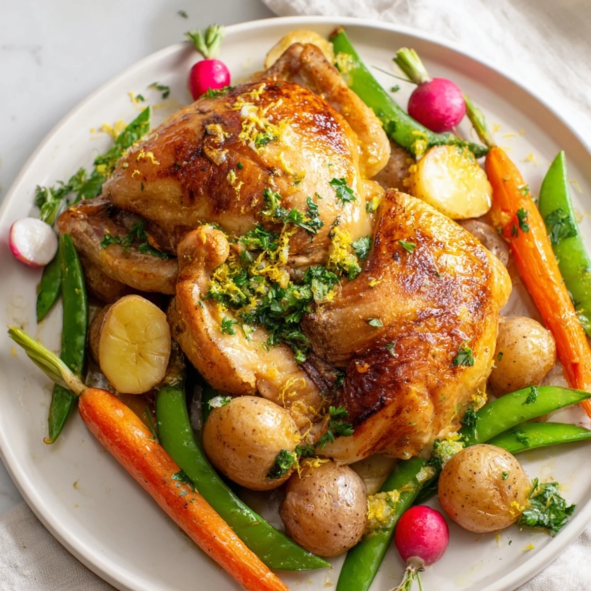 Golden roasted chicken with spring vegetables is served with a crisp white wine on a sunny dining table.