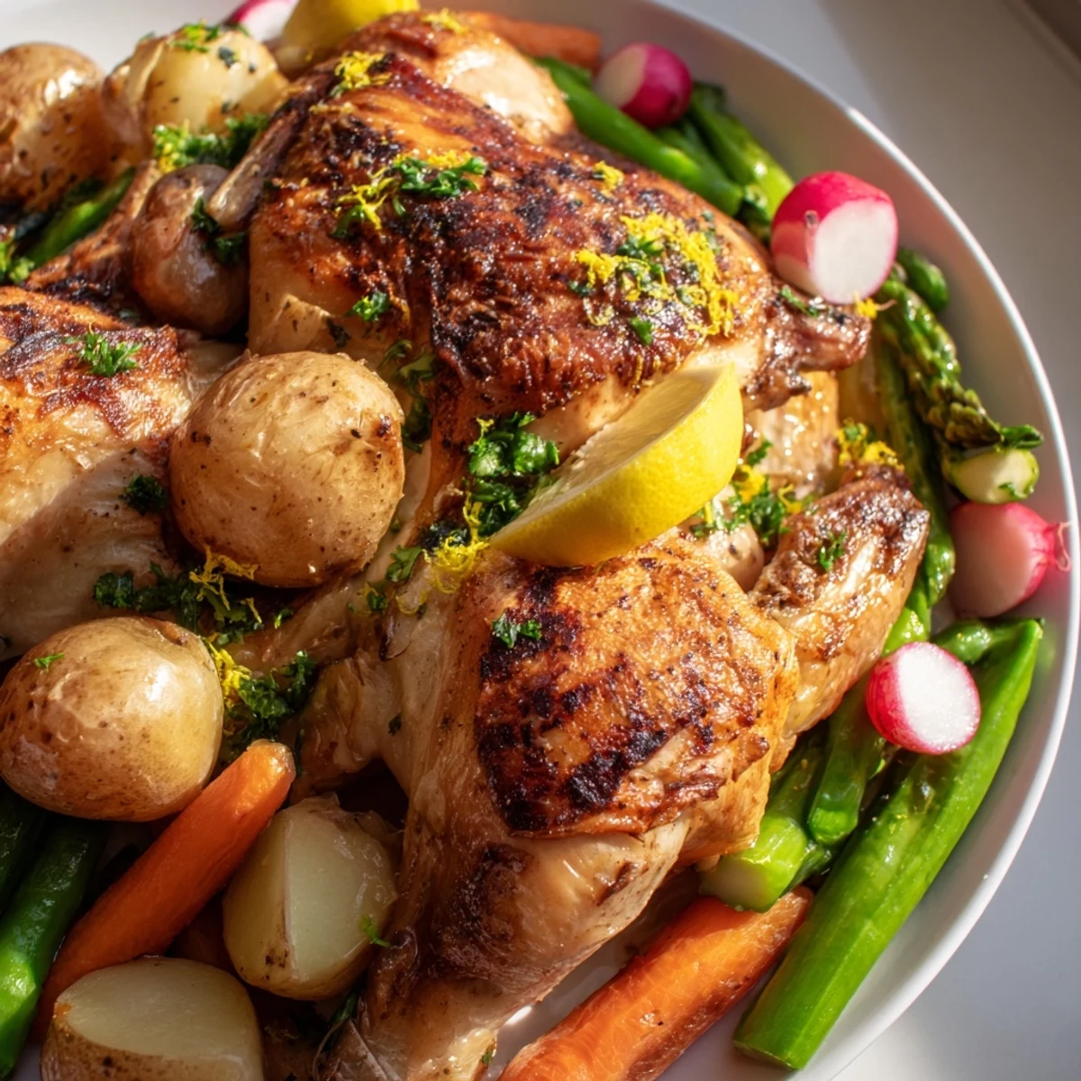Tender, herb-roasted chicken rests alongside colorful asparagus, carrots, and potatoes, ready to carve for family dinner.