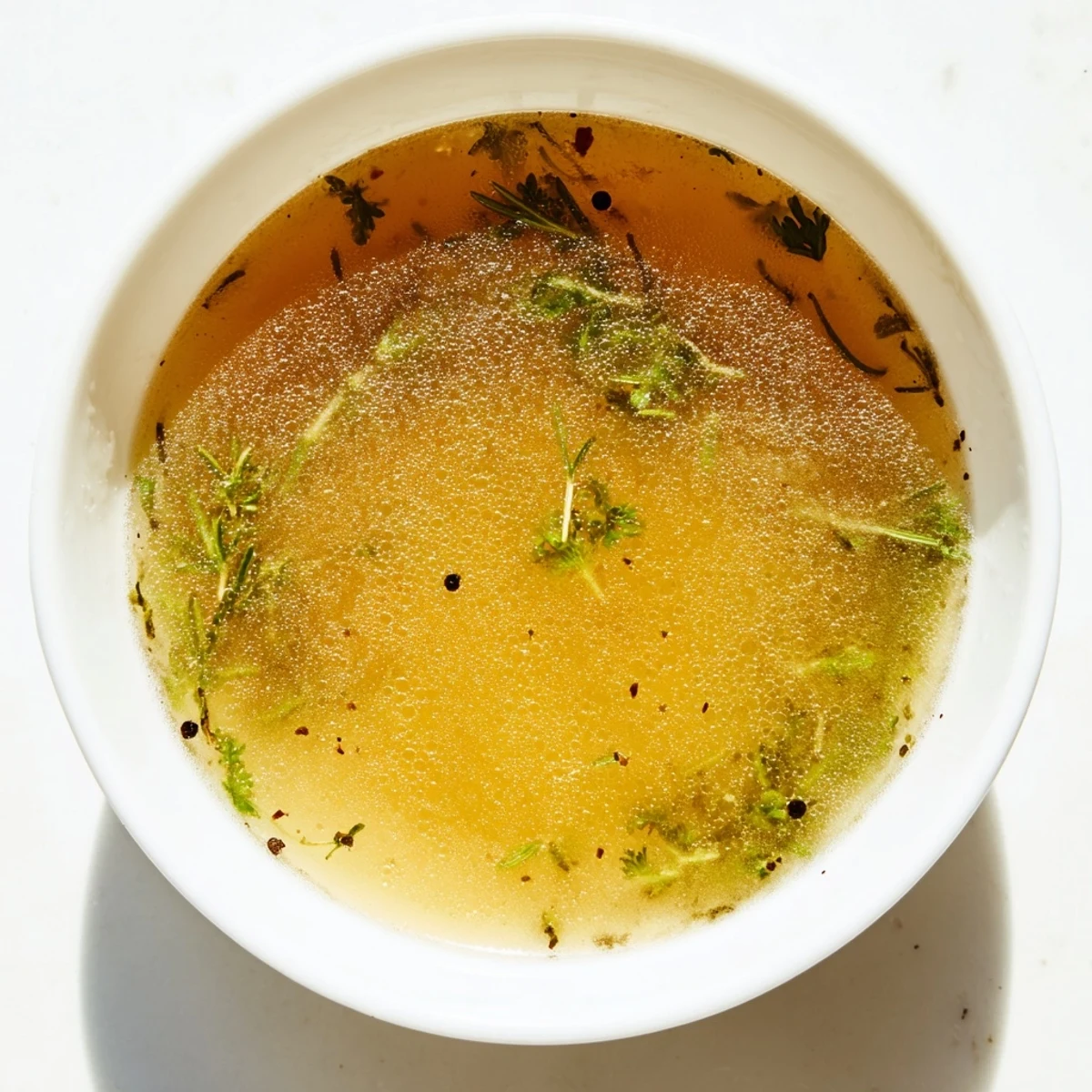 A clear glass jar of homemade vegetable broth with fresh herbs beside chopped vegetables.  