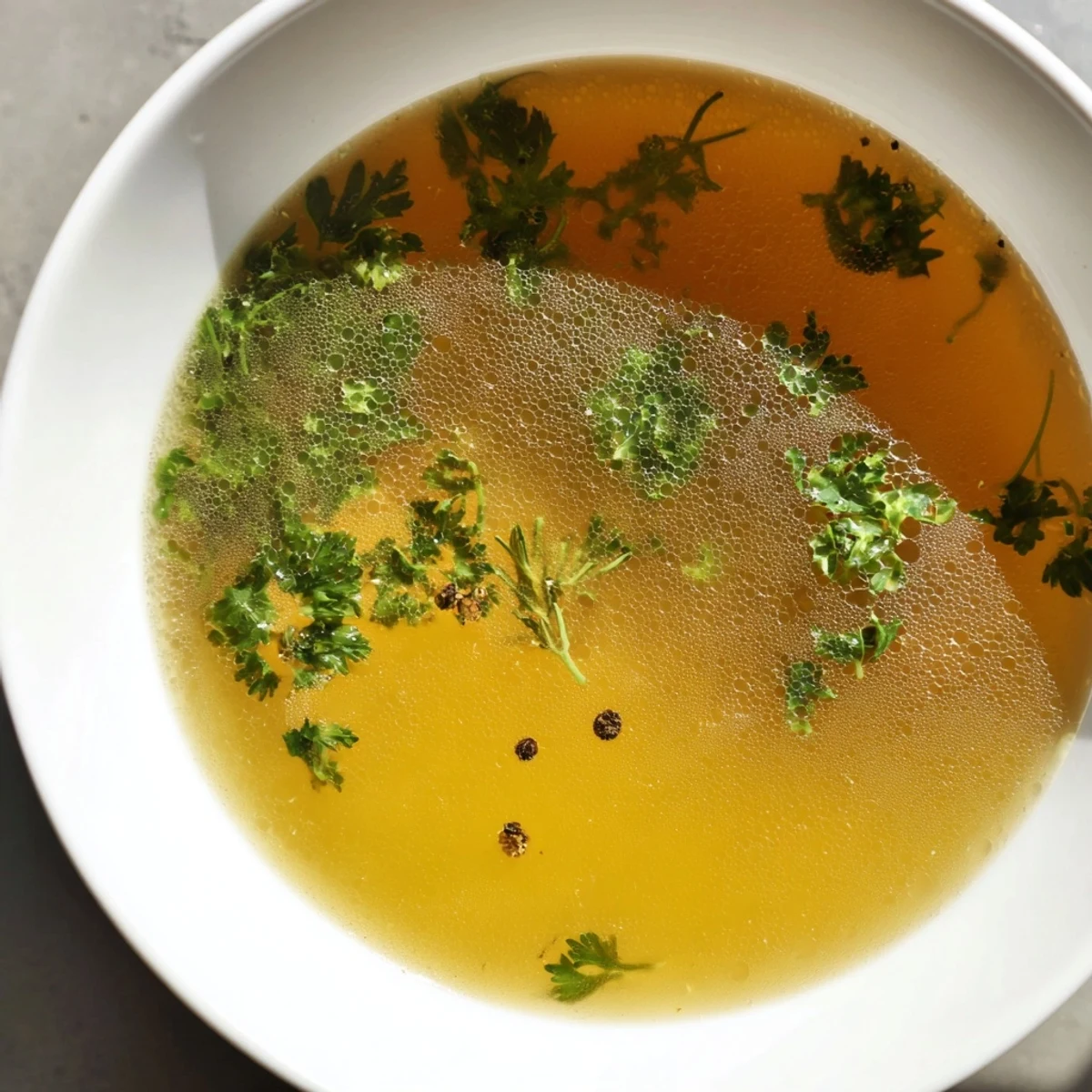 Straining homemade vegetable broth through a sieve, with rosemary and thyme visible in the pot.