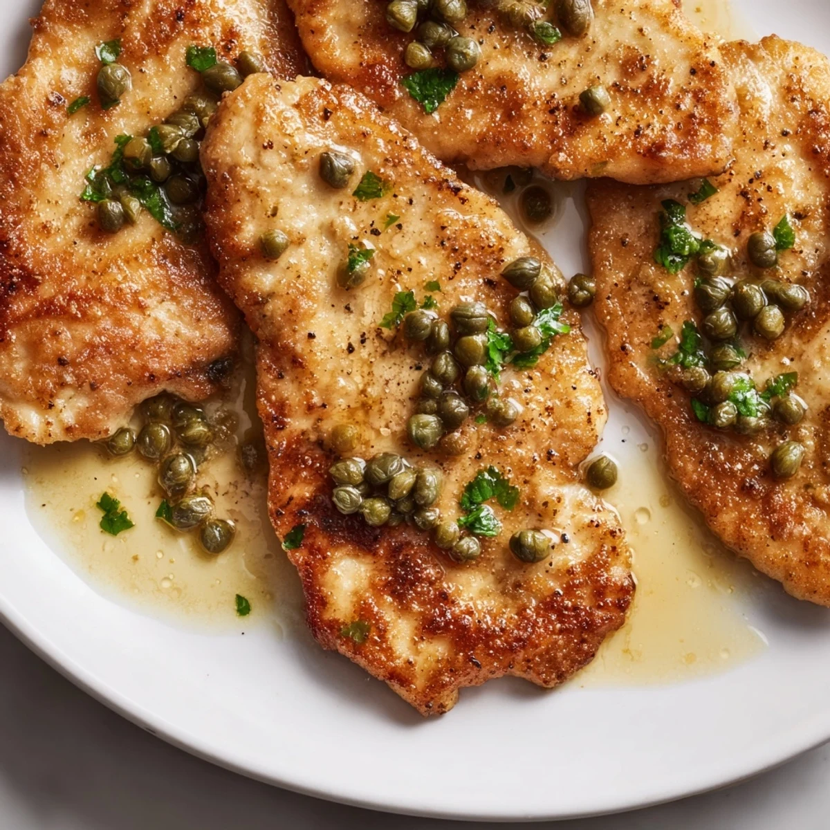 Golden-brown Chicken Piccata with capers and lemon juice, served over creamy pasta with fresh parsley garnish on a rustic plate.