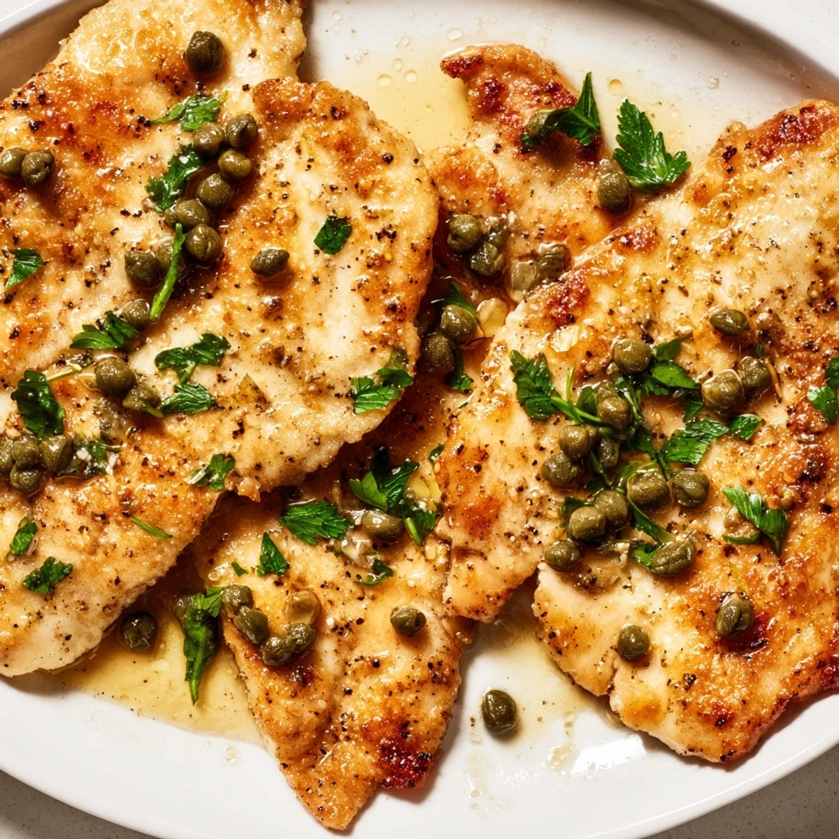 Close-up of Chicken Piccata with capers and lemon juice, showcasing tender chicken breasts swimming in a bright, buttery sauce in a skillet.