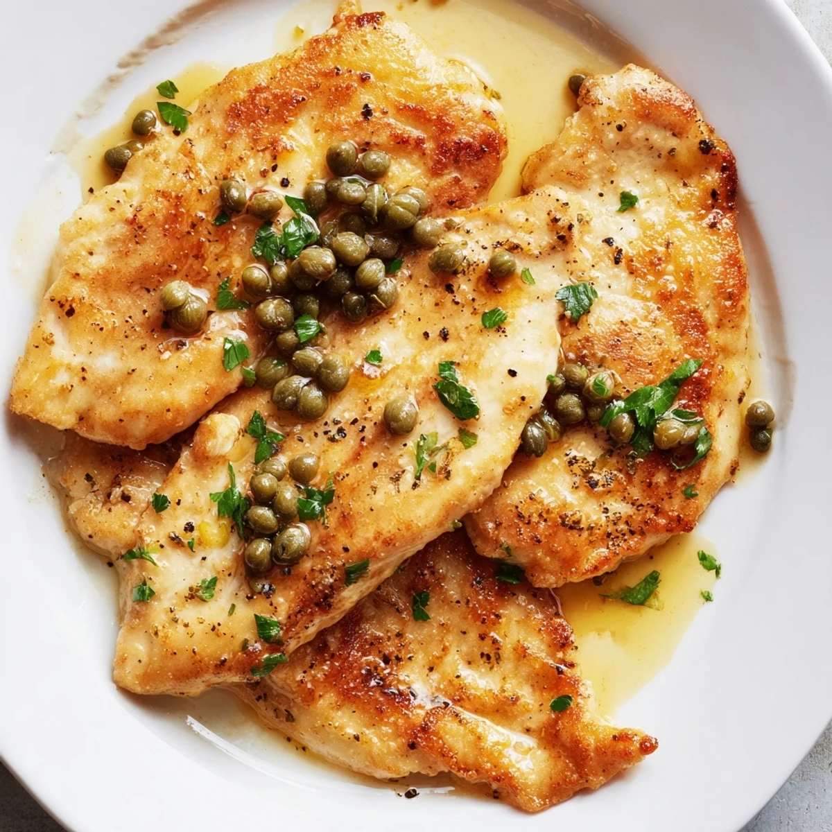 Family-style platter of Chicken Piccata with capers and lemon juice alongside roasted vegetables and lemon wedges, ready for a weeknight dinner.