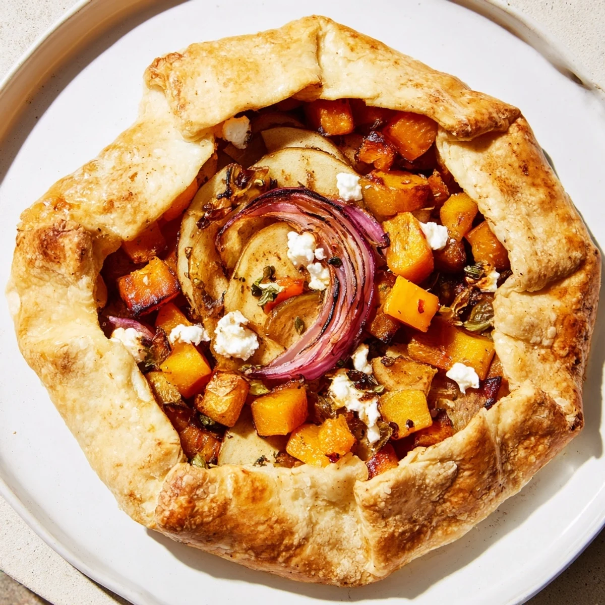 Golden roasted butternut squash and apple galette with flaky buttery pastry, topped with thyme and goat cheese crumbles. 