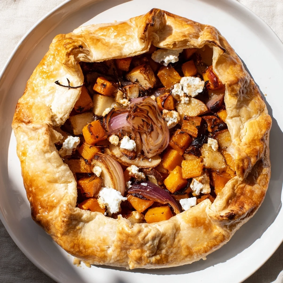 Rustic autumn galette featuring caramelized butternut squash and tart apples, baked until golden and served warm from the oven. 