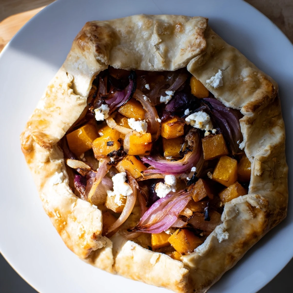 A flaky galette filled with roasted butternut squash, apples, and red onion, garnished with honey and fresh thyme sprigs.