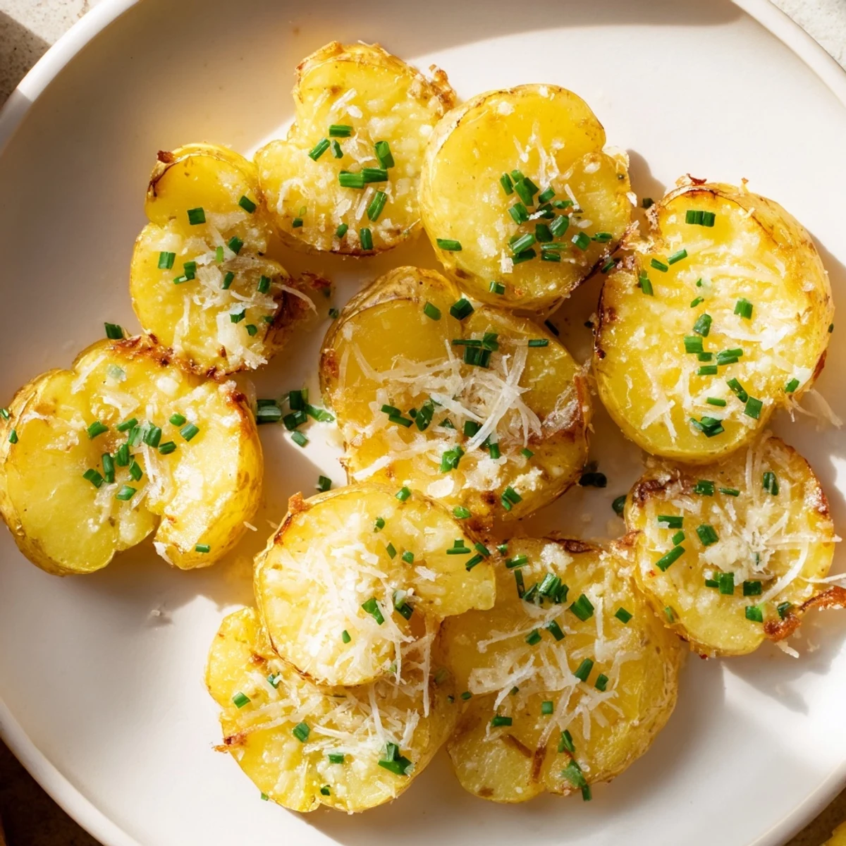 Crispy golden smashed potatoes topped with melted Parmesan and fresh green chives on a baking sheet.