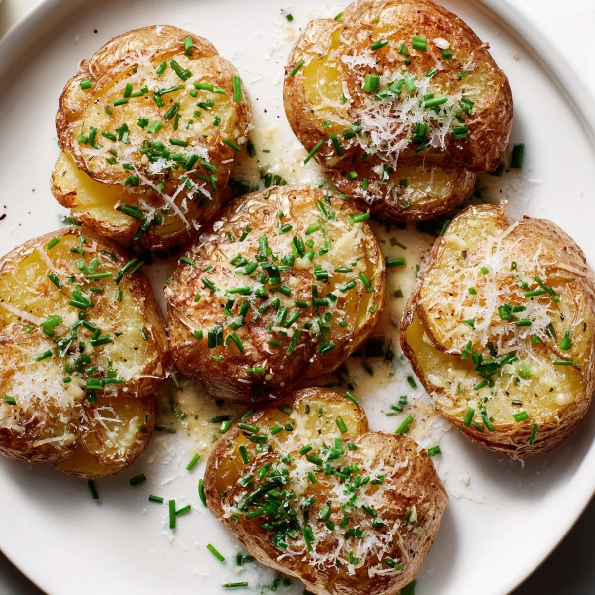 A close-up shows garlic butter brushed over flattened Yukon Gold potatoes, ready to serve.