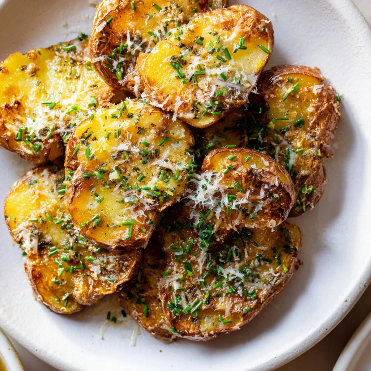 Roasted smashed potatoes with garlic butter, Parmesan, and chives for an irresistible vegetarian side dish.