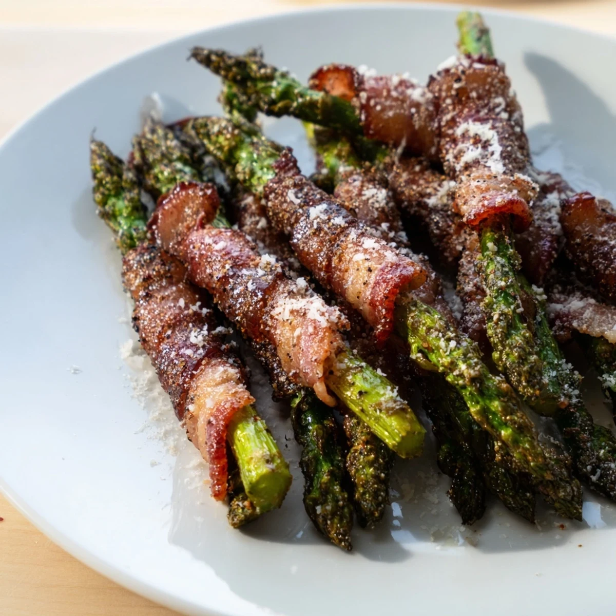 Plated Crispy Beef Bacon Wrapped Asparagus Bundles beside a creamy dipping sauce, perfect for a low-carb party side dish.