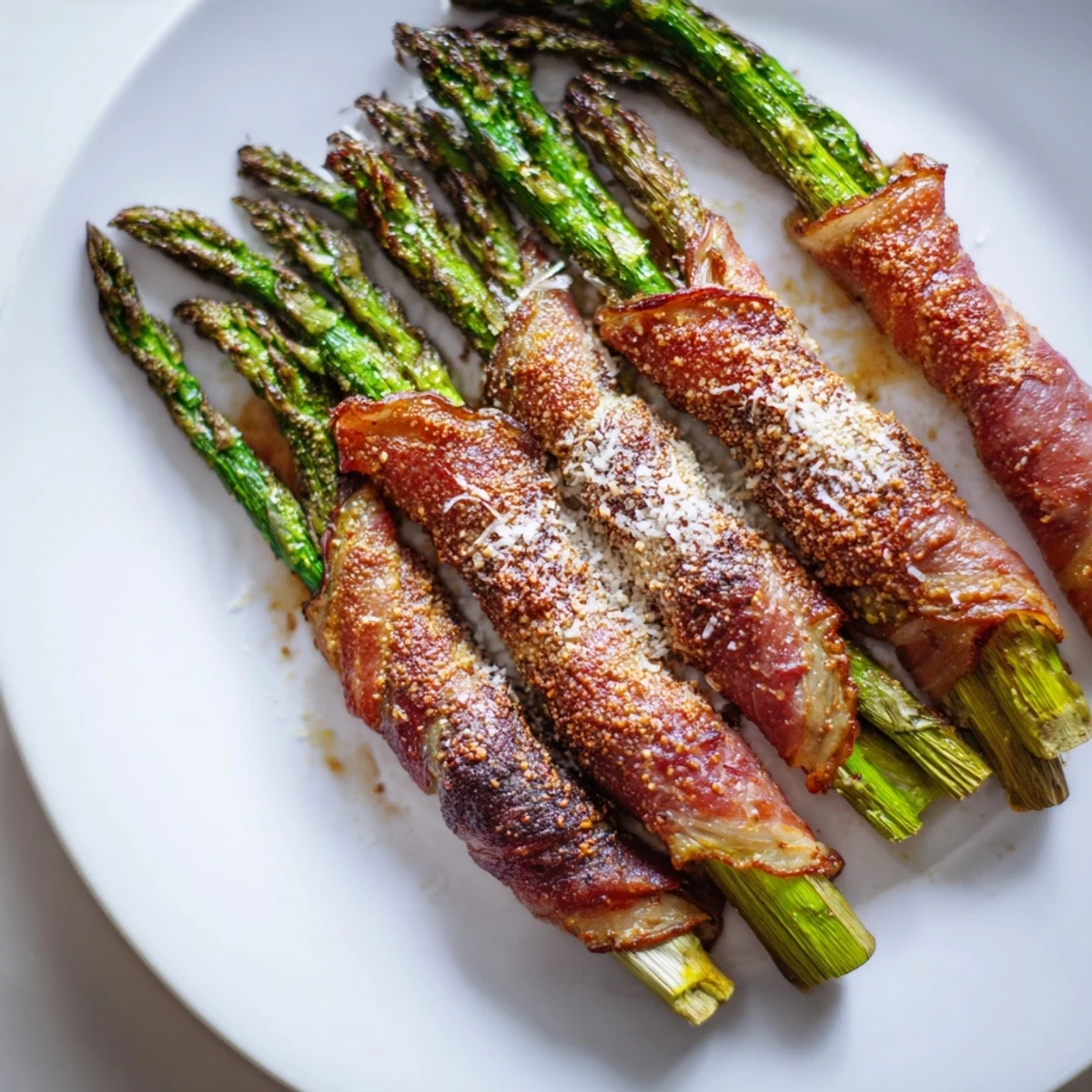 Crispy beef bacon wrapped asparagus bundles fresh from the oven, garnished with Parmesan and lemon wedges for a savory bite.