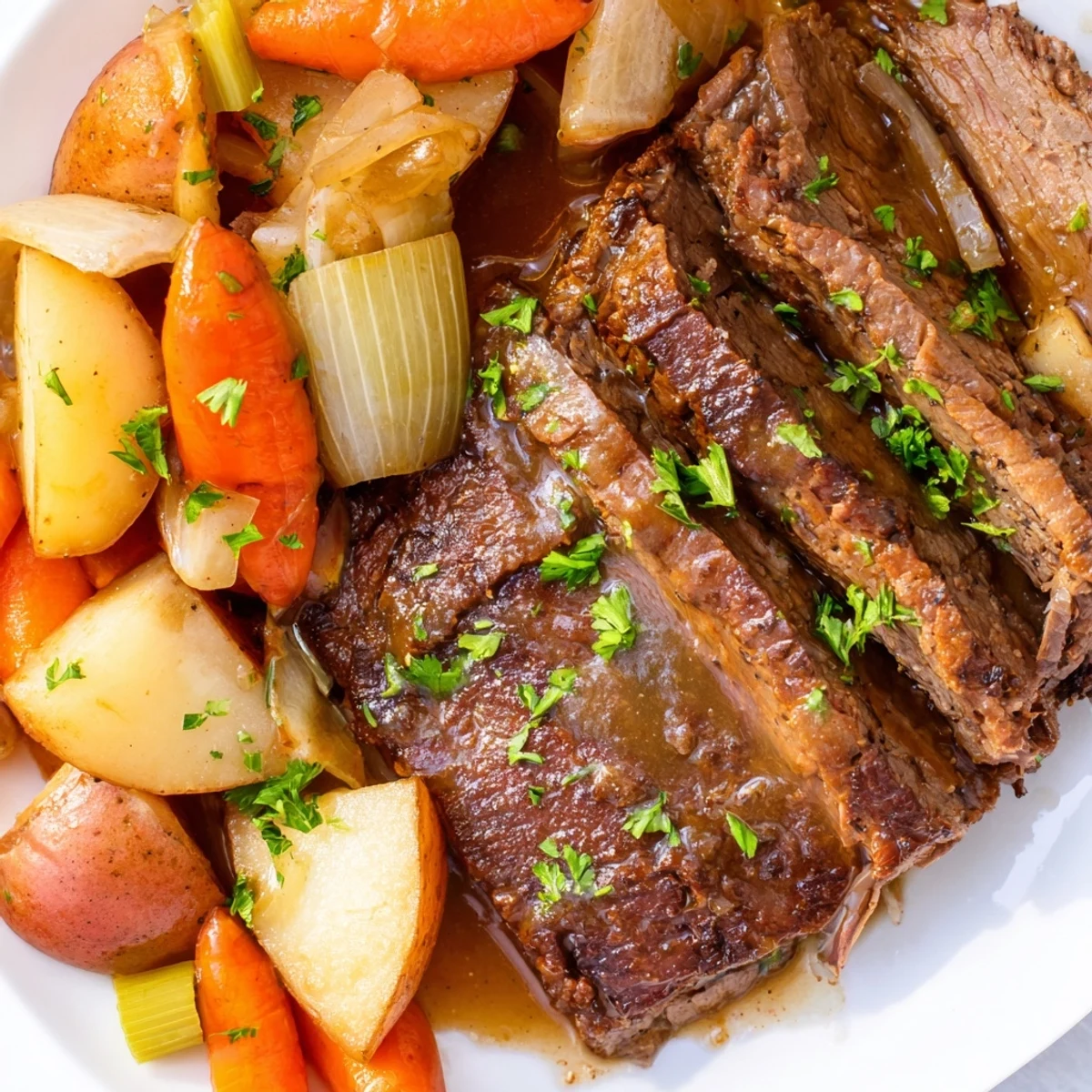 Tender Slow Cooker Beef Pot Roast with Root Vegetables simmering in rich gravy, garnished with fresh parsley on a rustic plate.