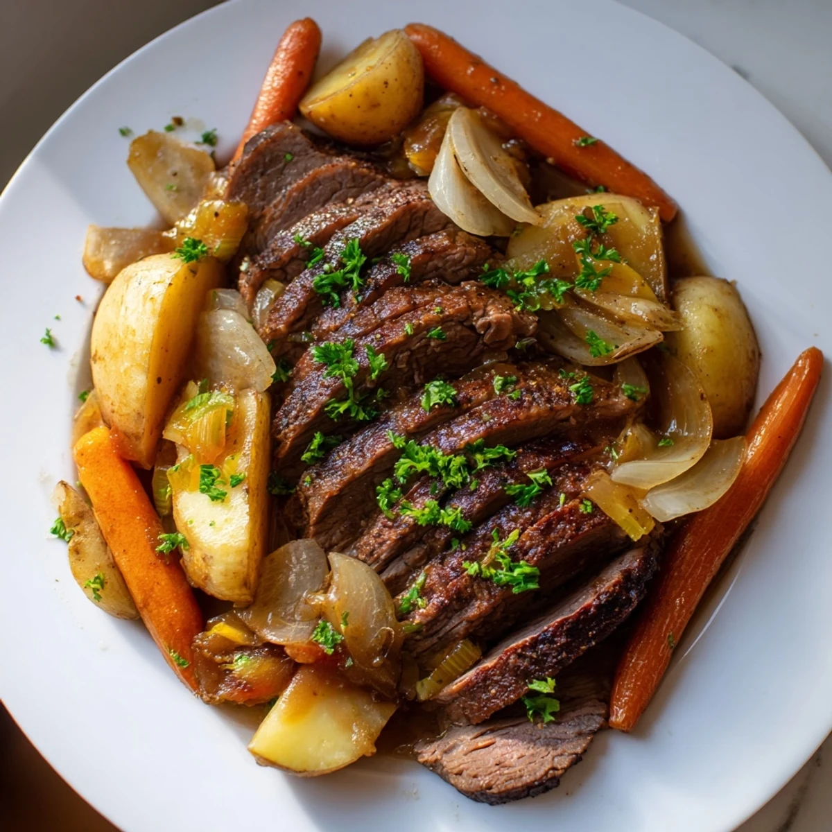 Juicy Slow Cooker Beef Pot Roast with Root Vegetables paired with carrots and potatoes, perfect for a cozy family dinner.