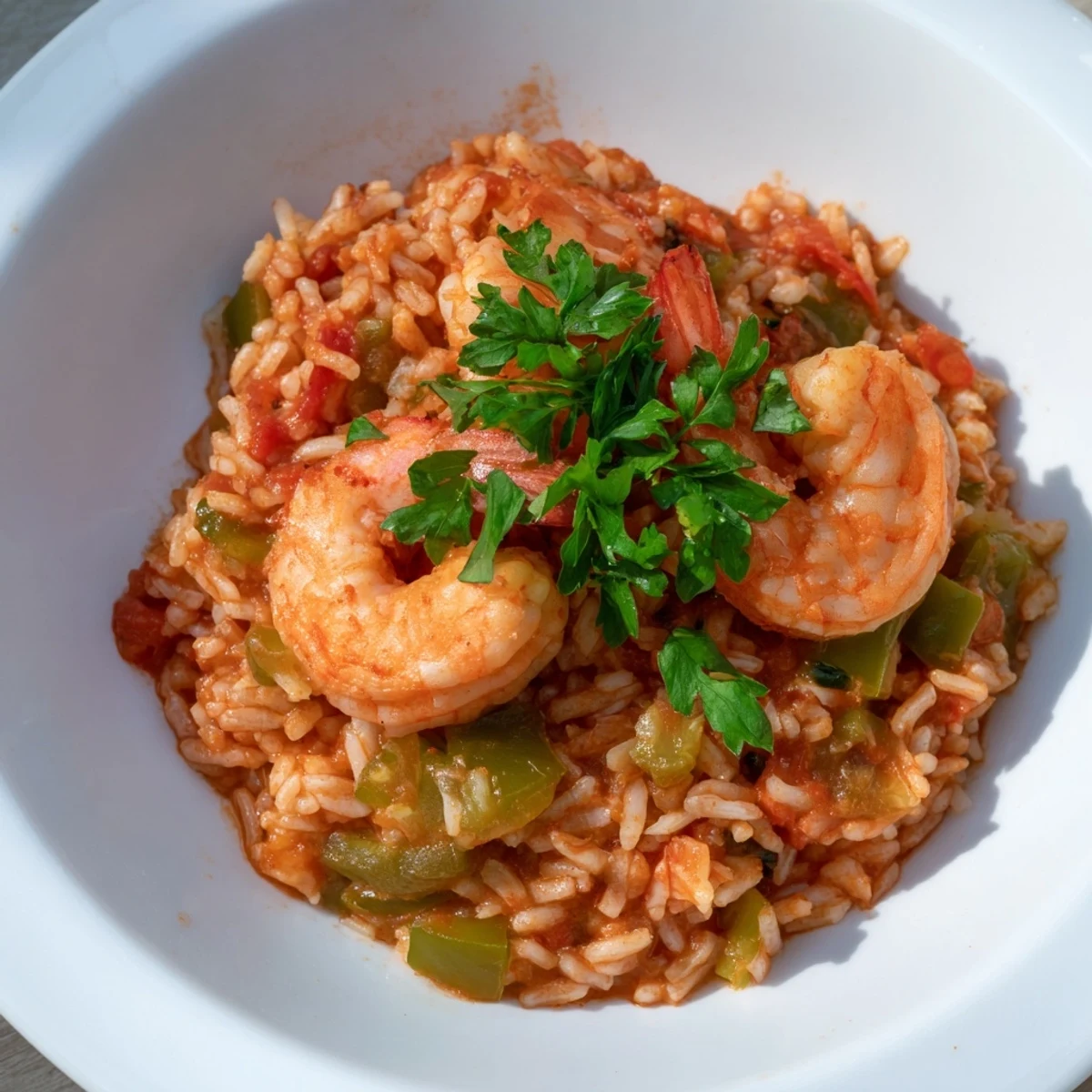 A close-up of Spicy Jambalaya with Shrimp and Turkey Sausage in a white bowl, garnished with fresh parsley and lemon wedges.