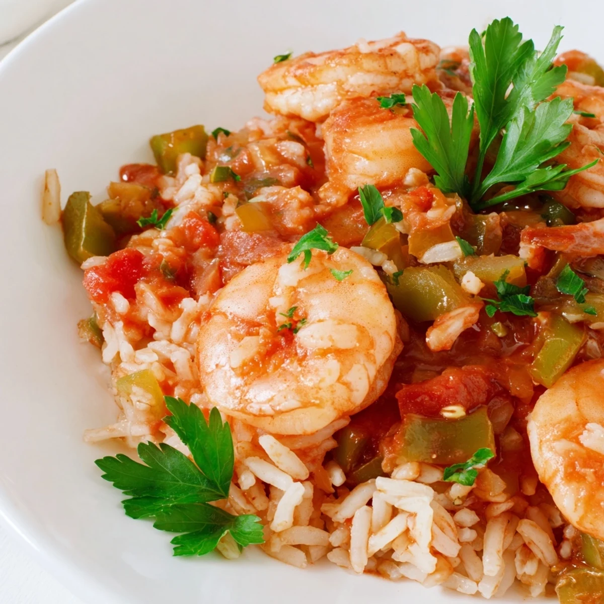 A steaming pot of Spicy Jambalaya with Shrimp and Turkey Sausage features vibrant red rice and plump pink shrimp.