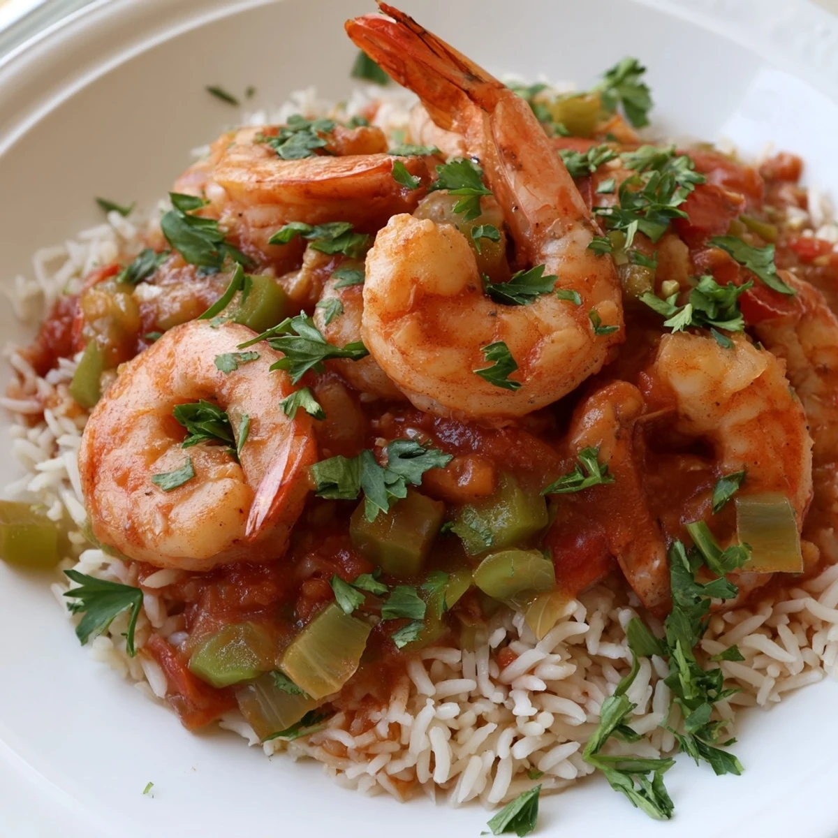 Serving suggestion for Spicy Jambalaya with Shrimp and Turkey Sausage next to a bottle of hot sauce and crusty bread.