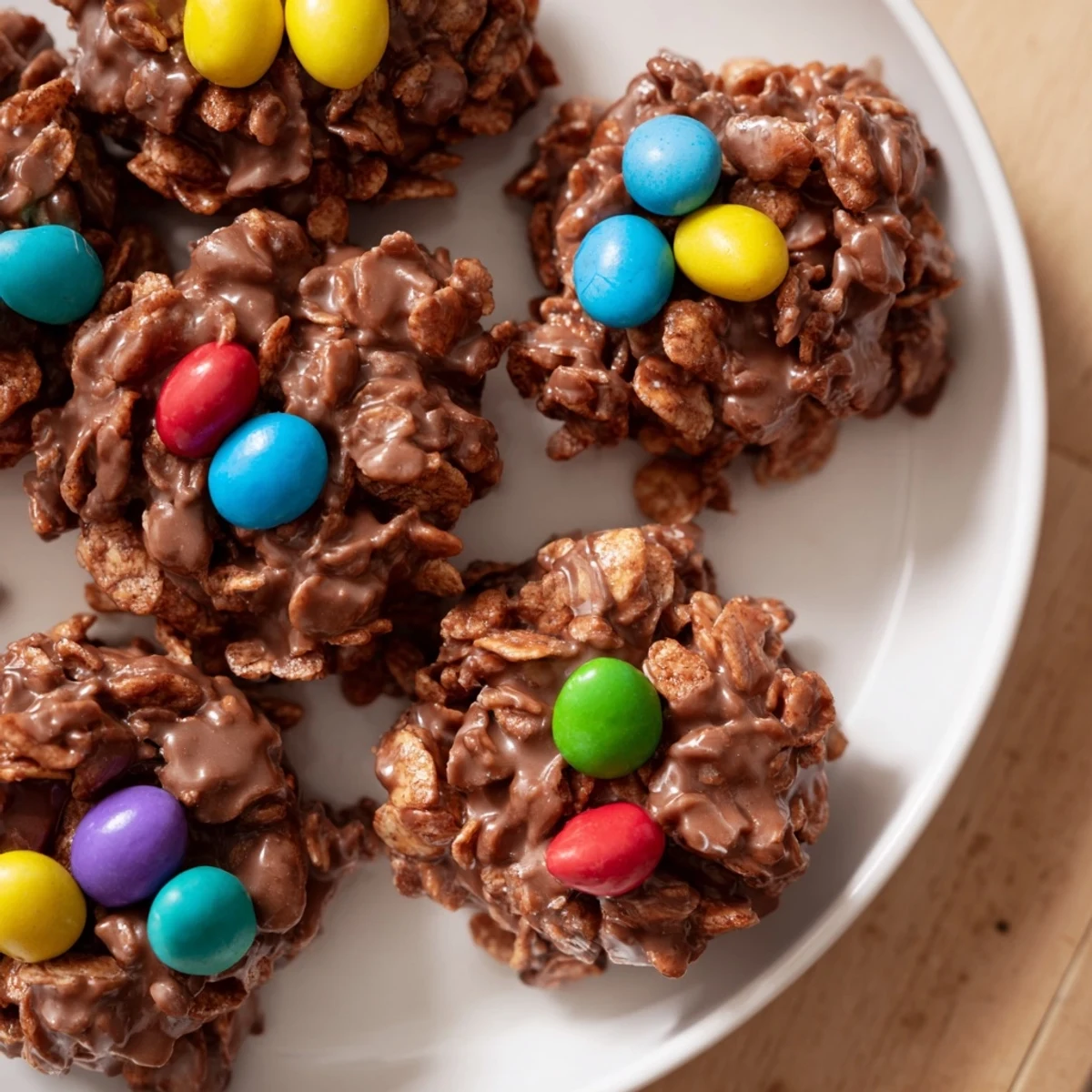 Chocolate Easter Egg Nests with crunchy cornflakes and mini candy eggs on a pastel plate