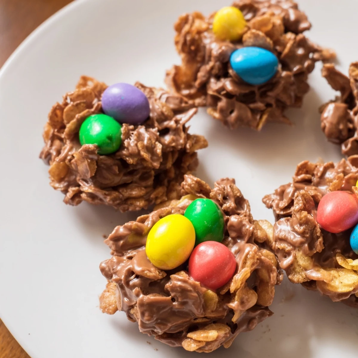 A close-up of Chocolate Easter Egg Nests, glossy melted chocolate, mini eggs, and pastel colors