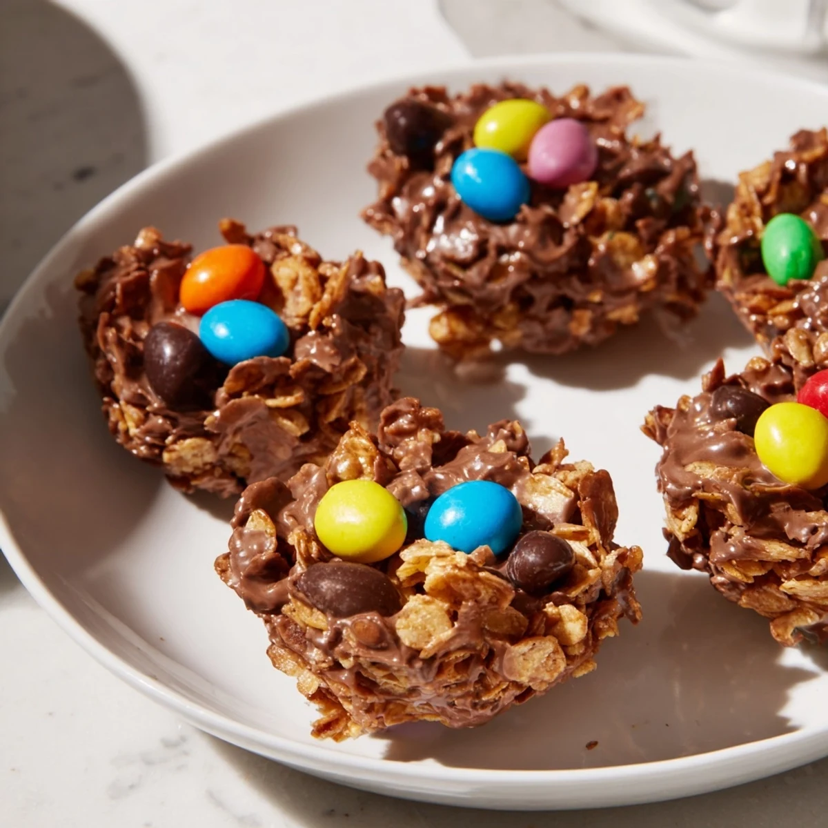 Chocolate Easter Egg Nests displayed at an Easter brunch with milk and spring decorations nearby