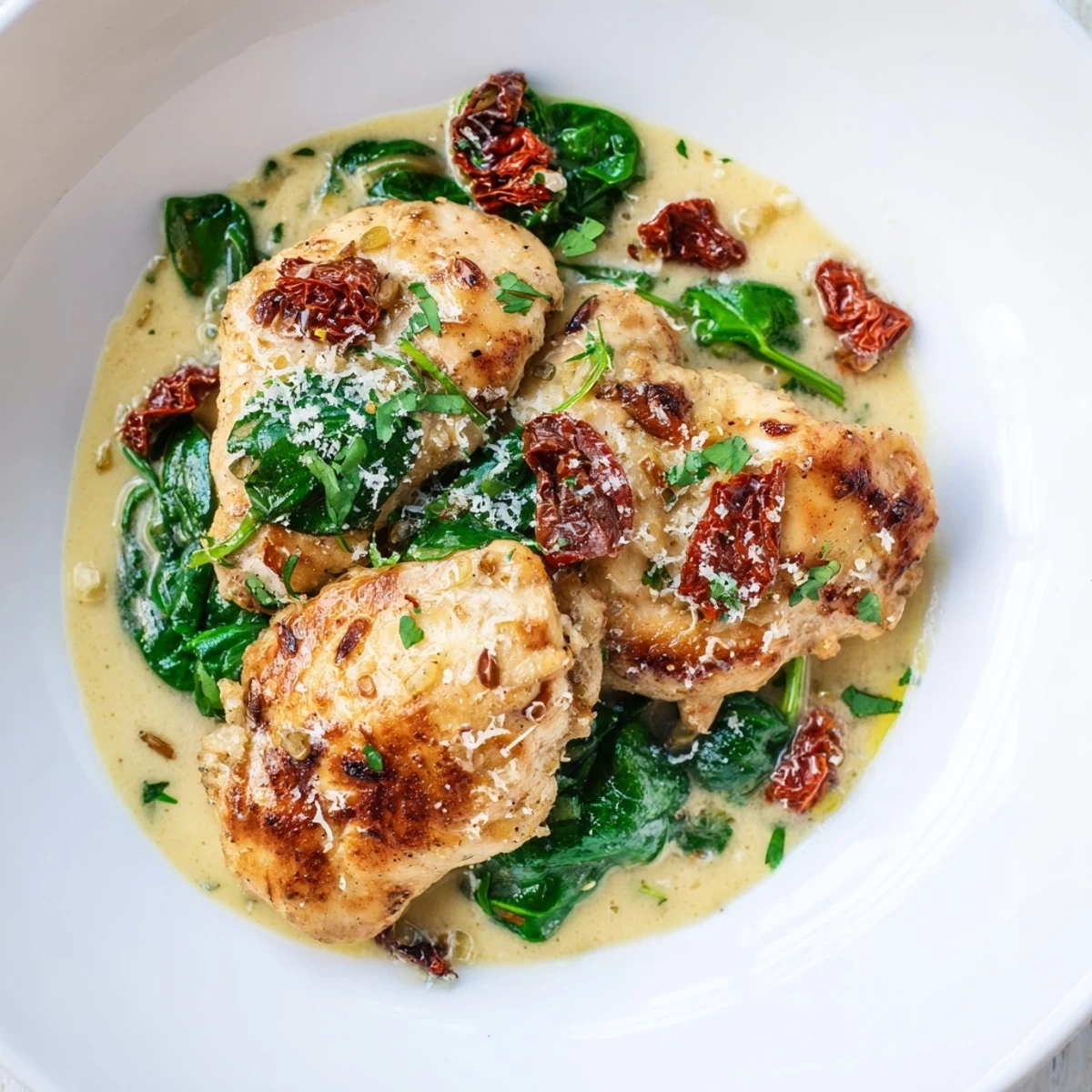Golden seared chicken in a rich garlicky cream sauce with spinach and sundried tomatoes, garnished with parsley on a white plate.