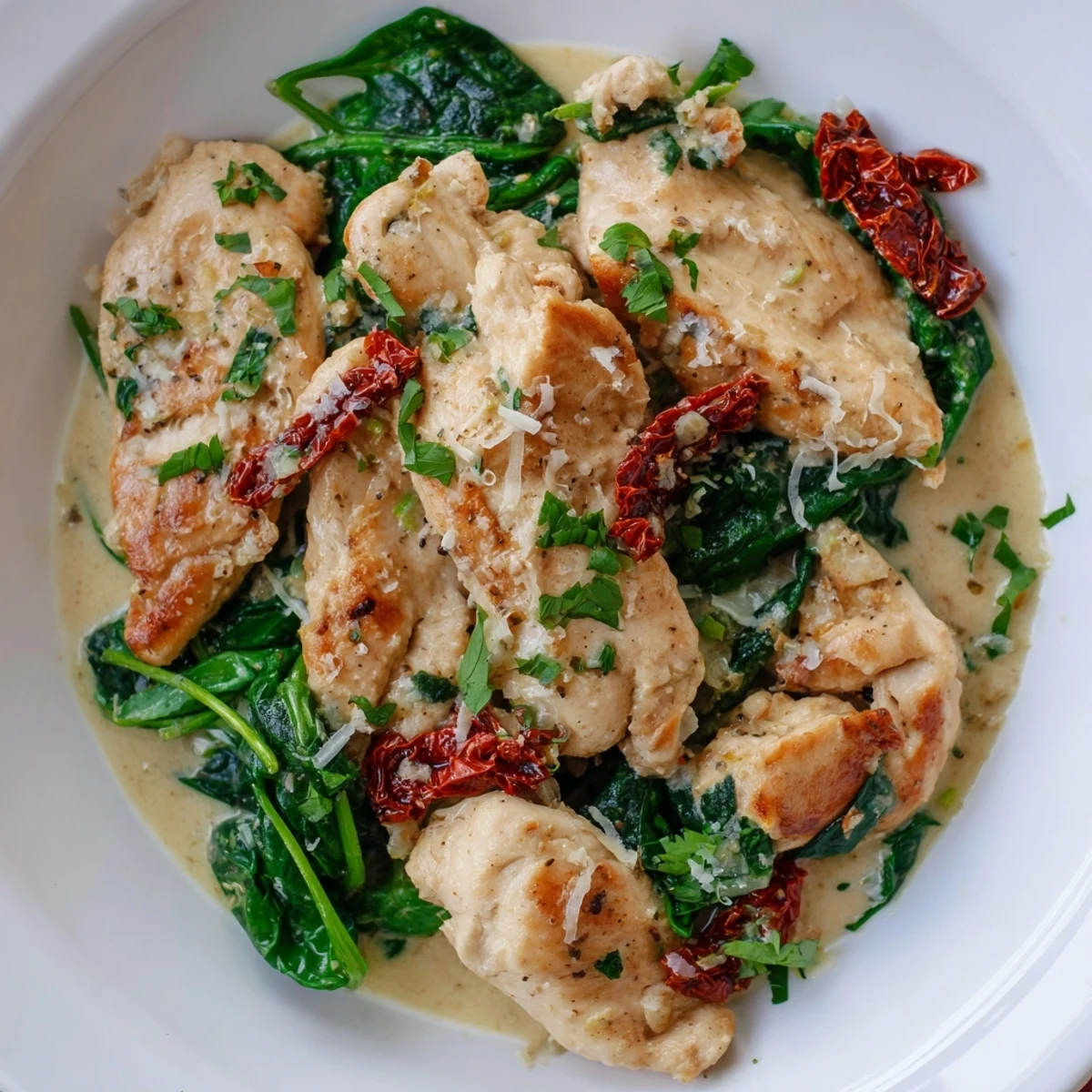 Succulent chicken breasts in creamy garlic sauce with wilted spinach and tangy sundried tomatoes, served skillet-side for a comforting main dish.