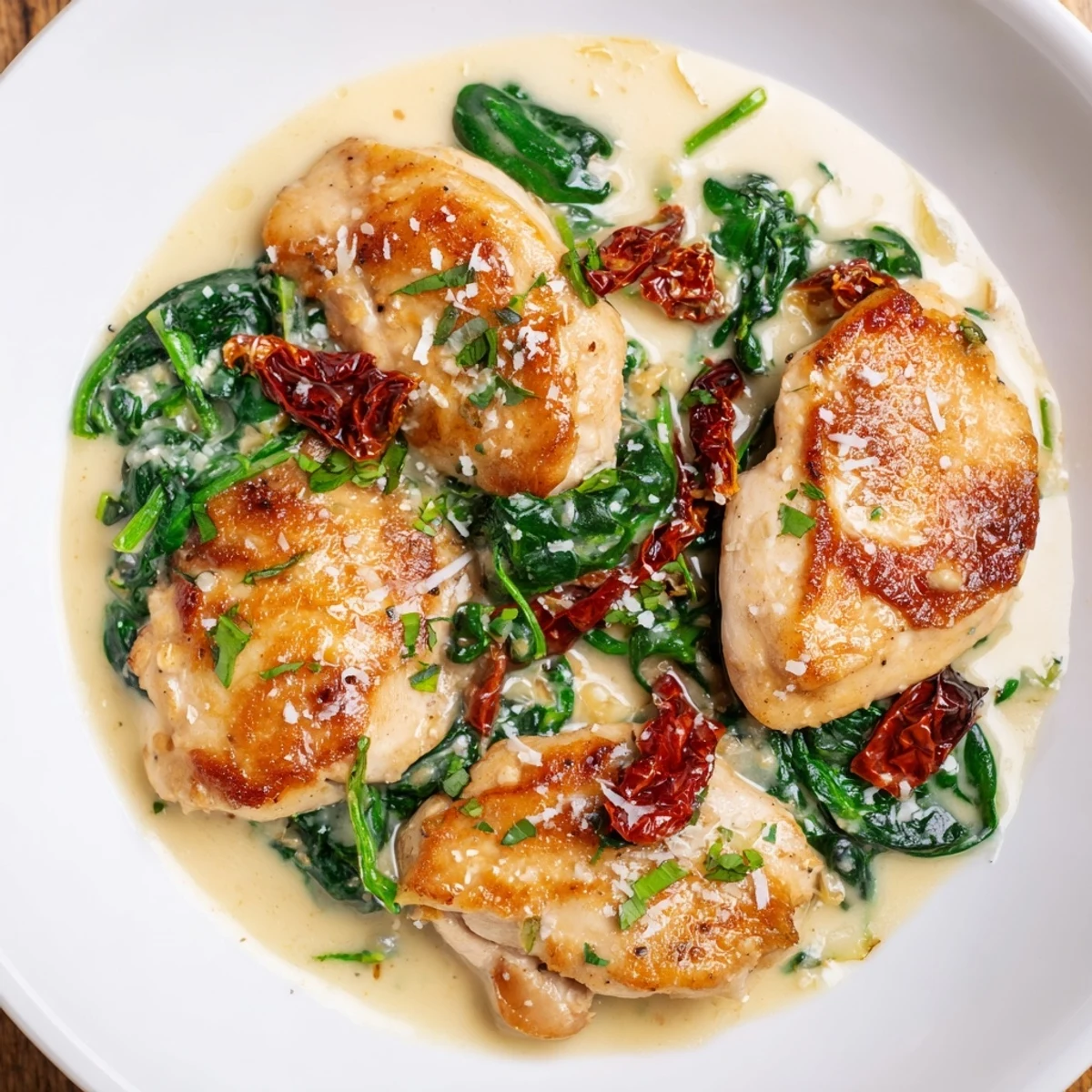 Tender, gluten-free Creamy Garlic Chicken with spinach and sundried tomatoes simmering in a luscious sauce, ready to serve over mashed potatoes.