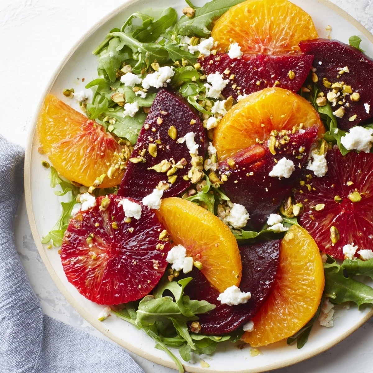 Roasted beet and citrus salad with arugula on a rustic board, topped with creamy goat cheese.