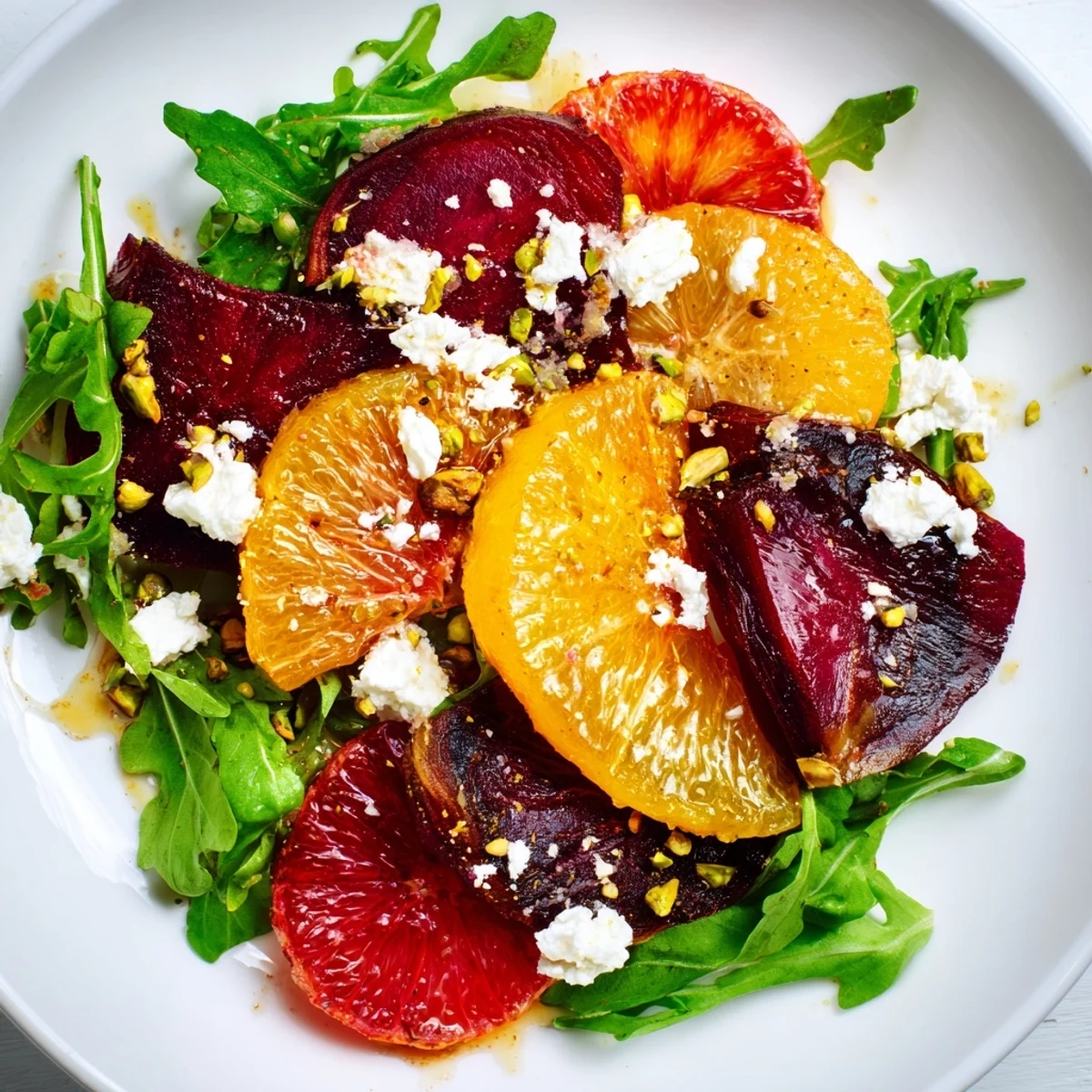 A close-up of roasted beet and citrus salad on a white plate with pistachios and mint.