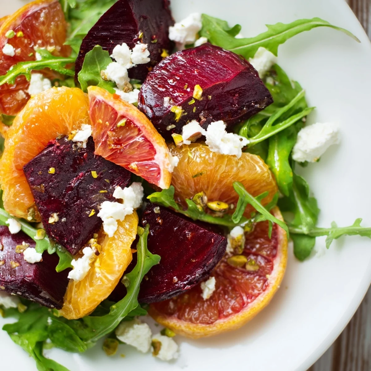 A vibrant platter of roasted beet and citrus salad with arugula, perfect for a light lunch.