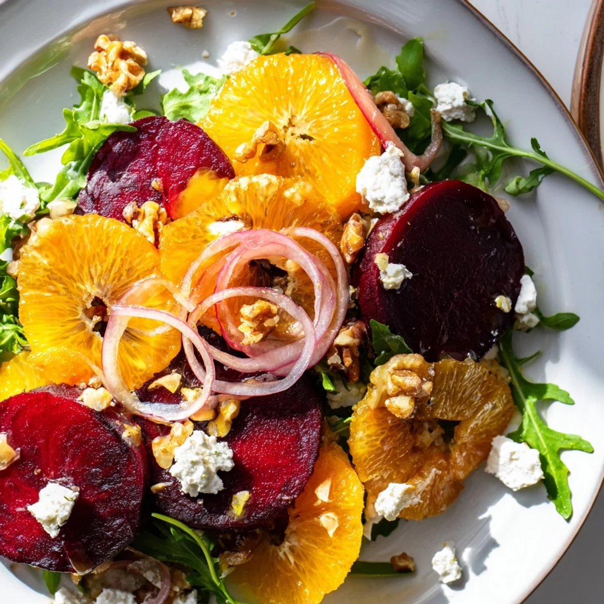 Freshly roasted beet wedges and bright citrus slices lay atop a bed of peppery arugula for this Roasted Beet and Citrus Salad. 