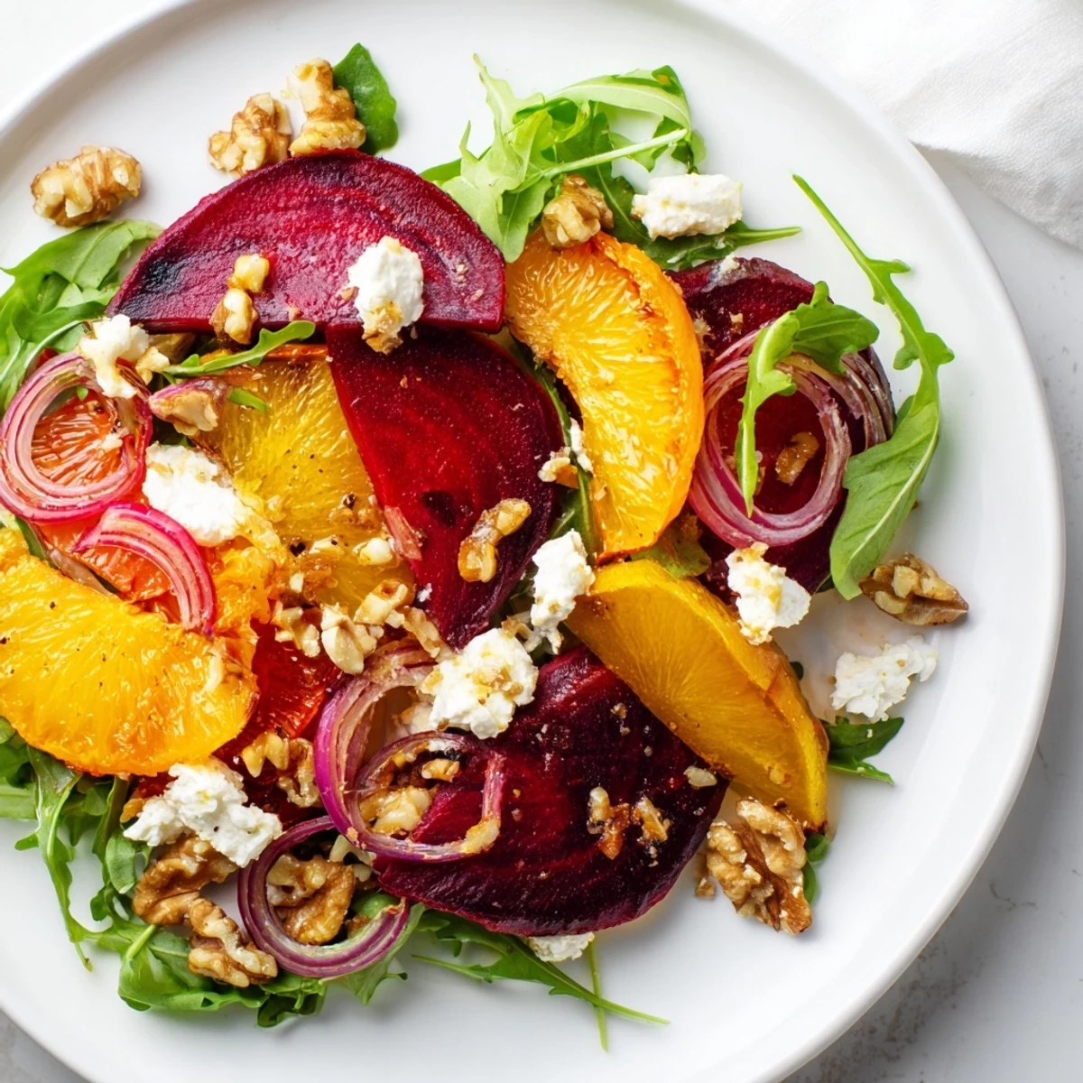 Colorful serving platter displays sliced roasted beets and citrus rounds over arugula, dressed with tangy vinaigrette.