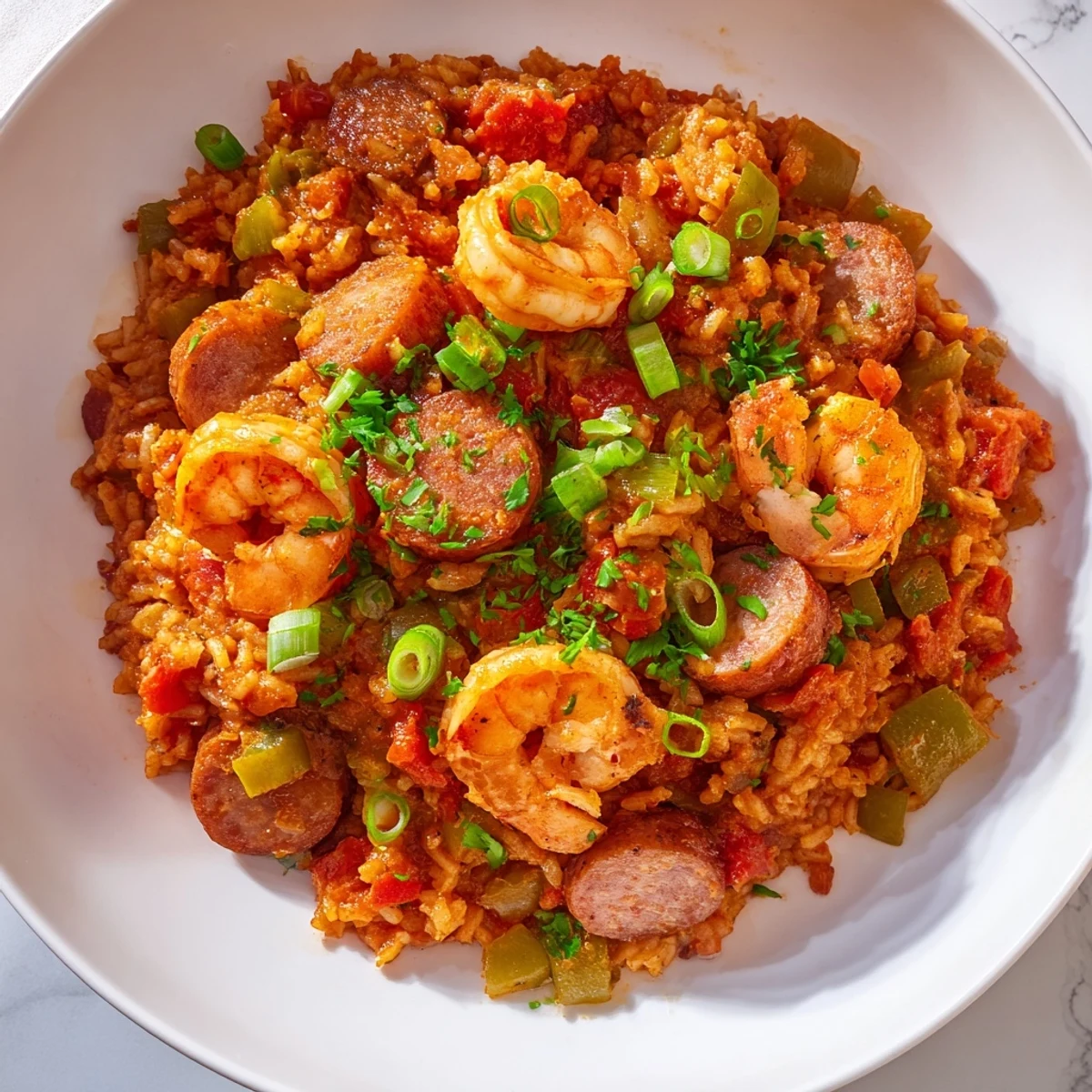 Steaming spicy jambalaya with shrimp and beef sausage, garnished with fresh parsley and lemon wedges.