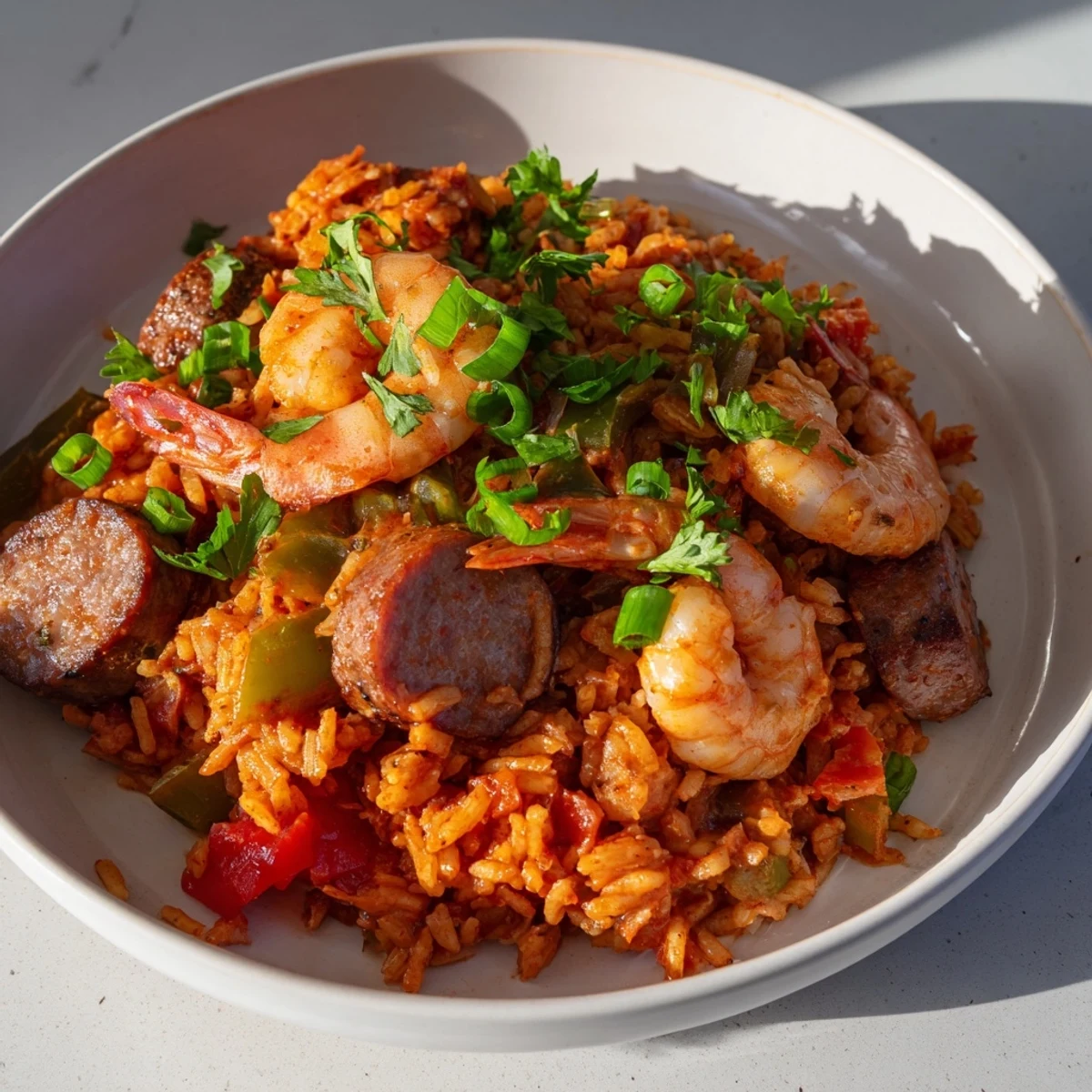 Close-up of spicy jambalaya with shrimp and beef sausage in a Dutch oven, ready to serve.