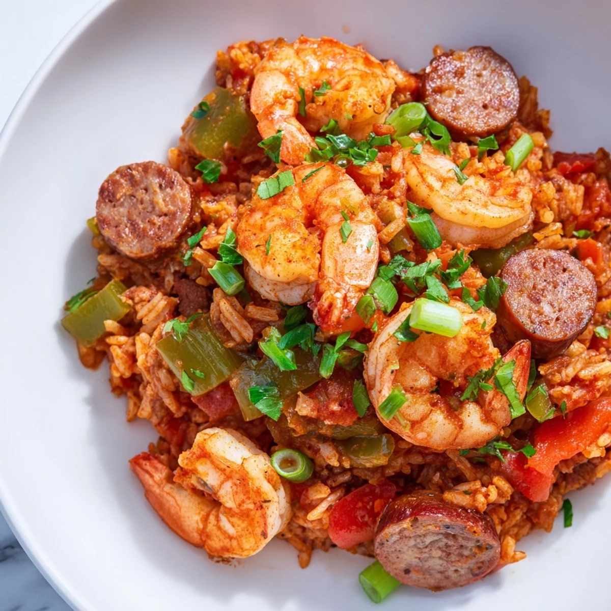 A hearty bowl of spicy jambalaya with shrimp and beef sausage, showcasing tender seafood and smoky meat.