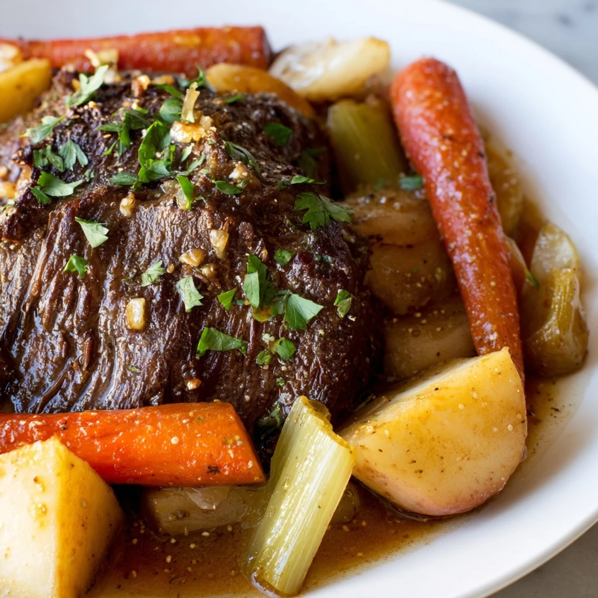 Tender Slow Cooker Beef Pot Roast with Root Veggies in savory gravy, served on a platter next to crusty bread.