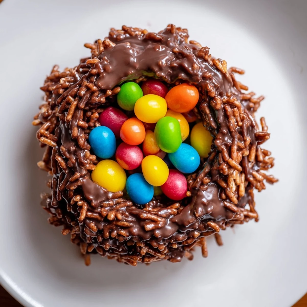 Chocolate Easter Egg Nests with Jelly Beans are arranged on a white plate with pastel colors, ready for a festive celebration.