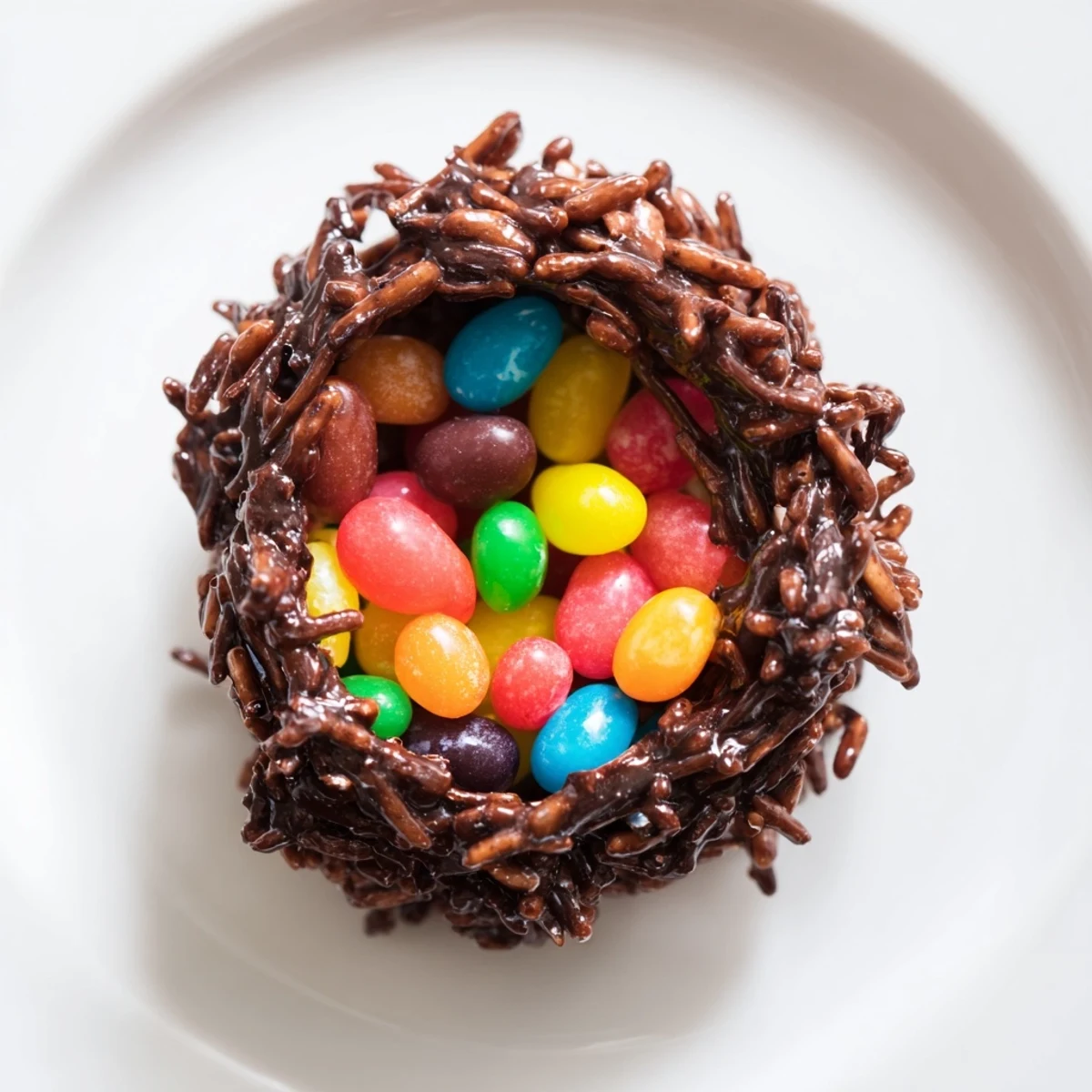 Chocolate Easter Egg Nests with Jelly Beans show crispy cereal texture with melted chocolate holding colorful candy eggs in muffin liners.